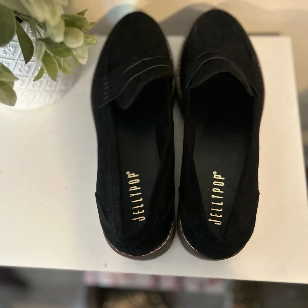 New Jelly Pop chunky Black Suede heel penny loafers women's Size 11